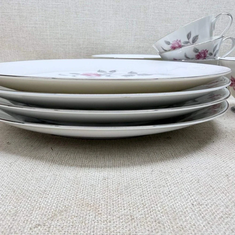 Lennold Fine China Enchanted Rose 1583 Japan Dinnerware Set Pink Floral Silver